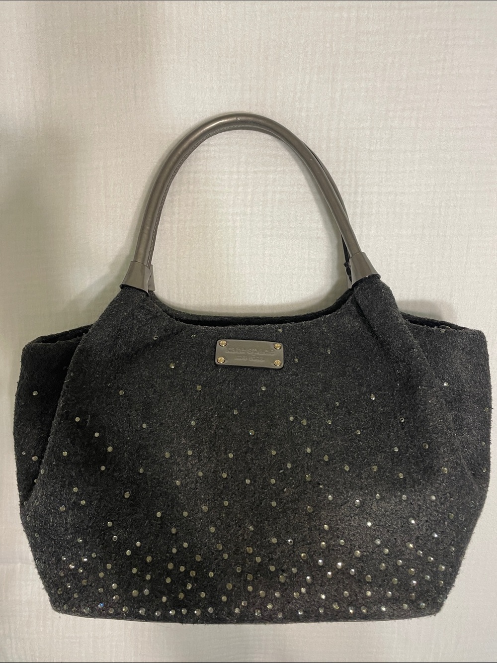 kate spade Black Studded Wool Tote with Gray Handles